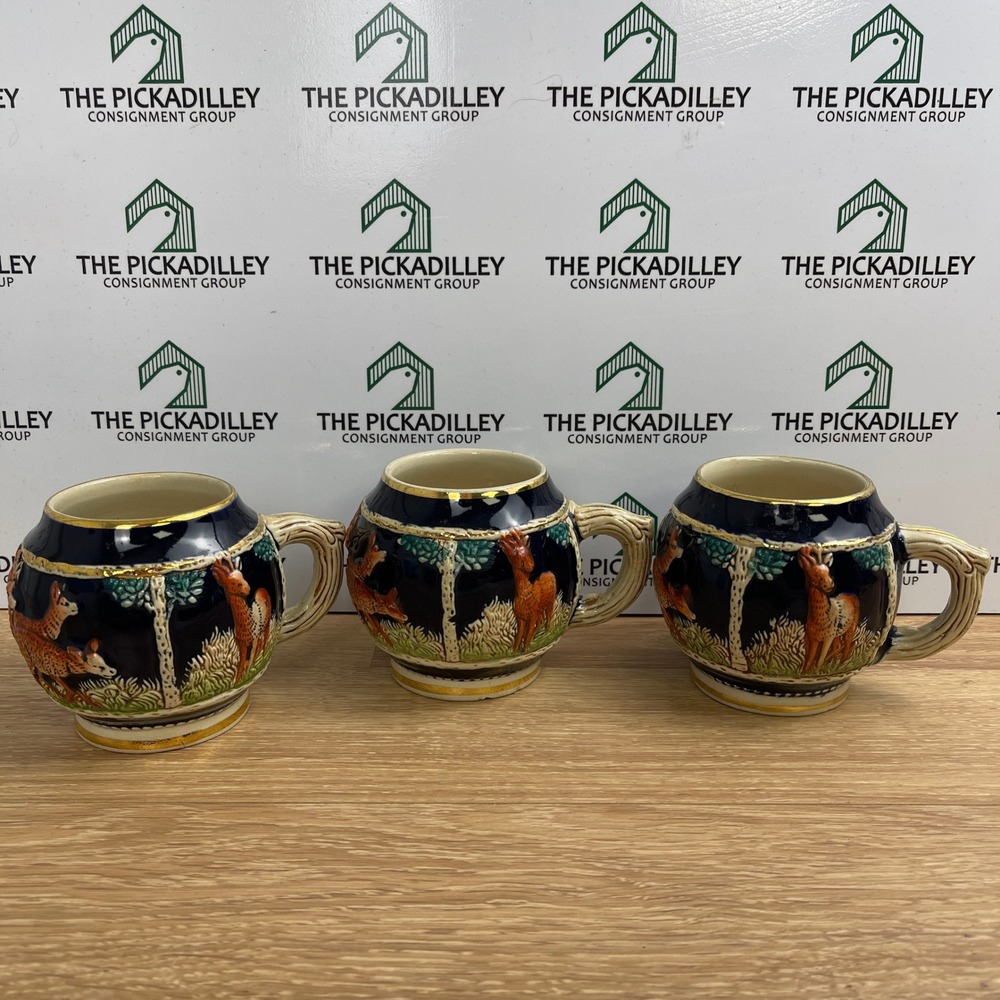 Marzi & Remy German Relief Pottery Deer Mugs Cobalt Blue Gold Set of 3 5428